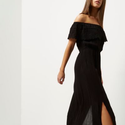 Black lace trim bardot maxi dress